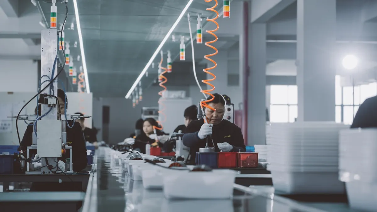 Modern manufacturing facility with organized workspace following 5S principles