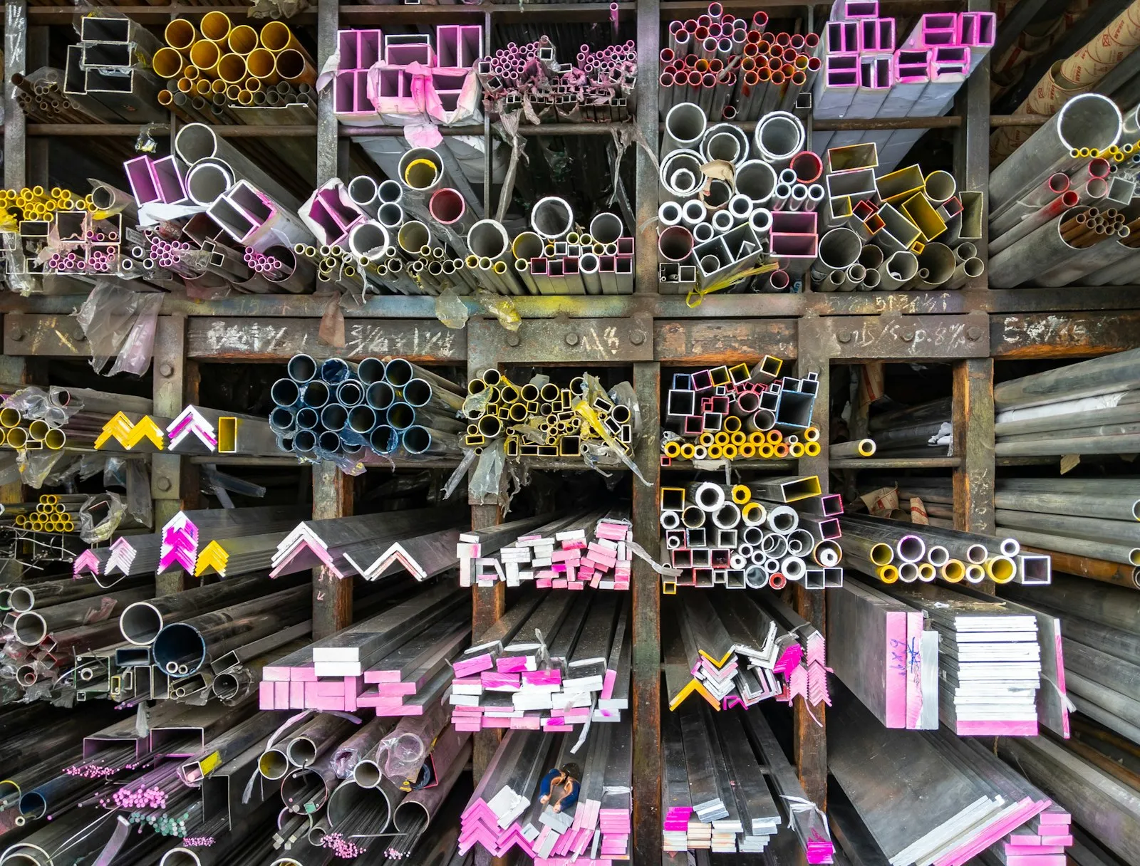 Estantería con perfiles metálicos en un almacén de materias primas
