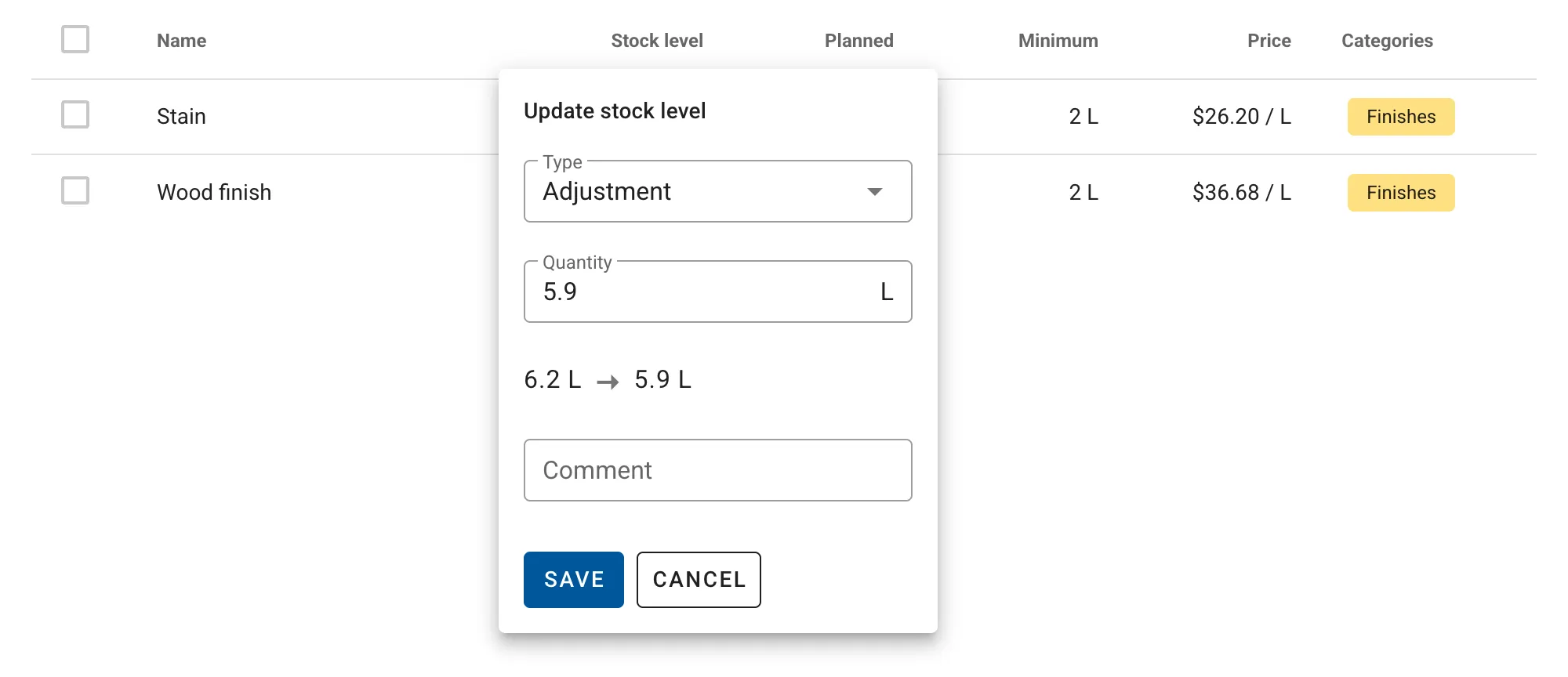 Live Stock Levels